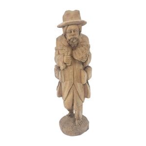 Wooden Hand Carved Man Folk Art 16" Figure Statue Bearded Pilgrim w Belongings